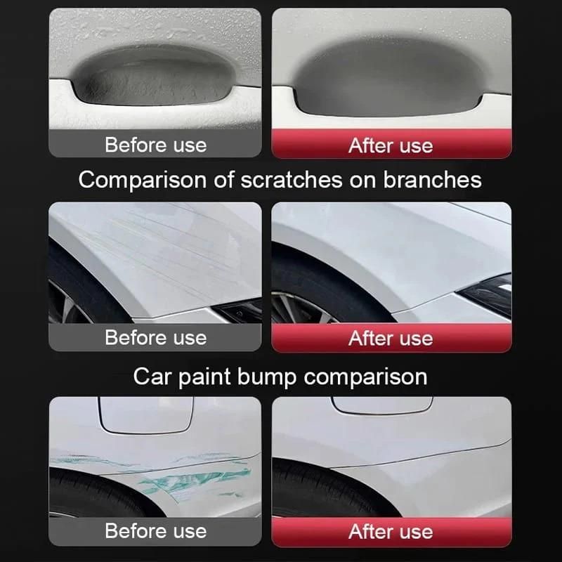 Before and after comparison showing car scratch remover 100ml effectively eliminating scratches and paint damage on white car surfaces