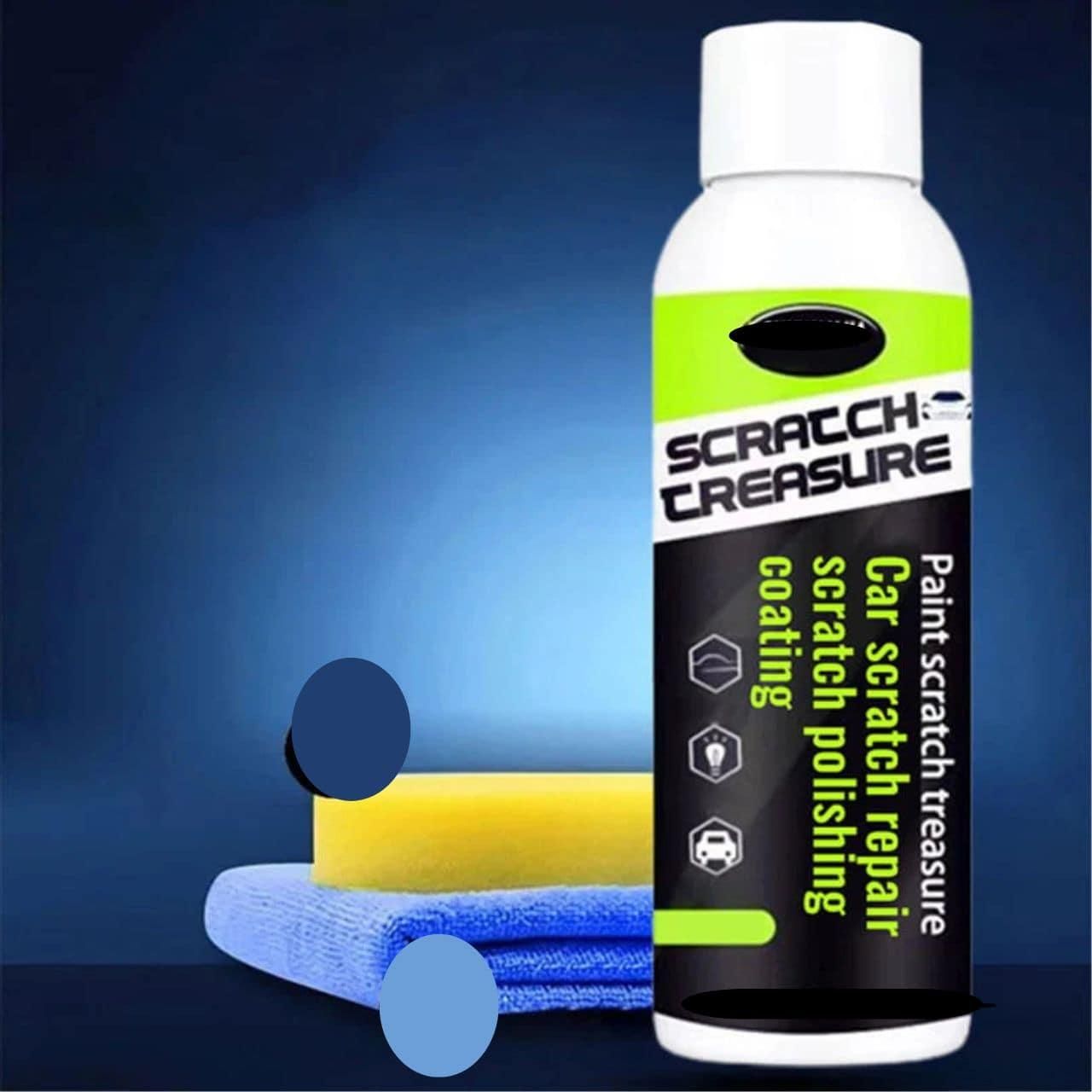 Car scratch remover 100ml bottle next to yellow sponge and blue microfiber cloth on blue background