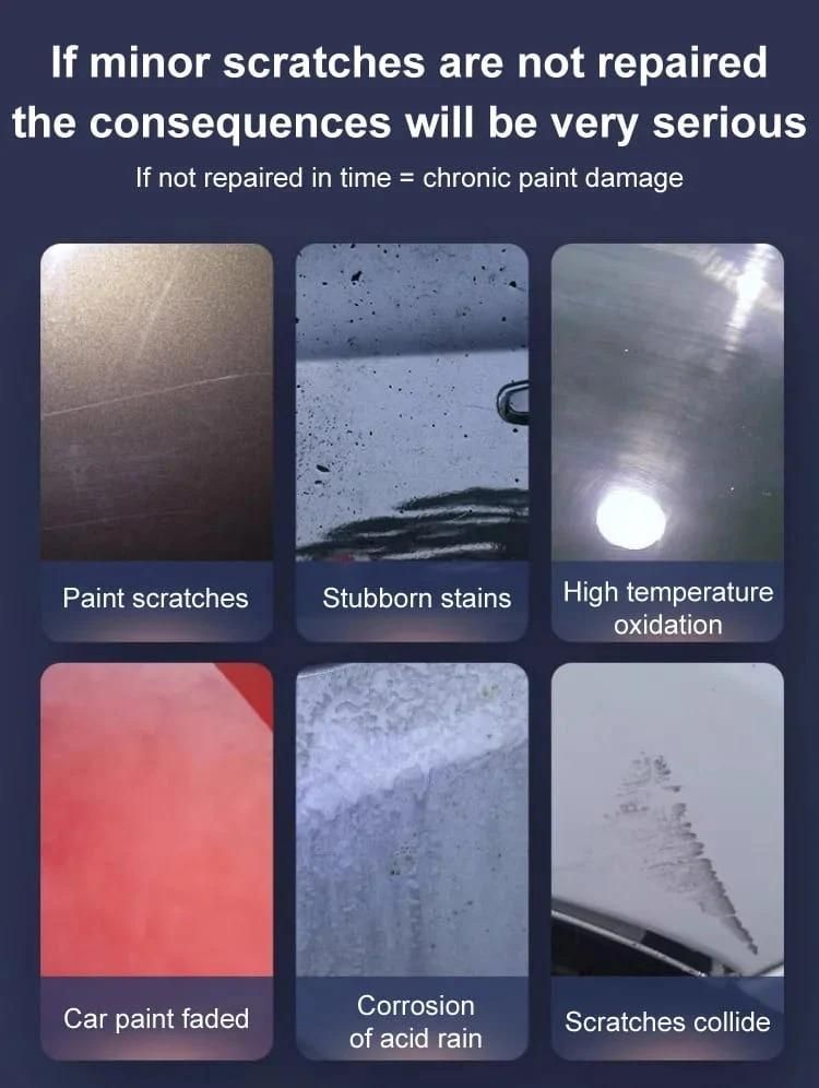 Informative graphic showing consequences of minor car paint damage including scratches, stains, oxidation, fading, corrosion, and collisions explaining car scratch remover 100ml use