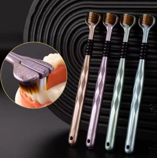 Set of four metallic best toothbrush for braces and sensitive gums with soft bristles and ergonomic handles
