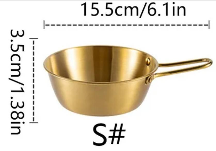 Gold kitchen bowl with handle for ramen measuring 15.5 cm in diameter and 3.5 cm deep