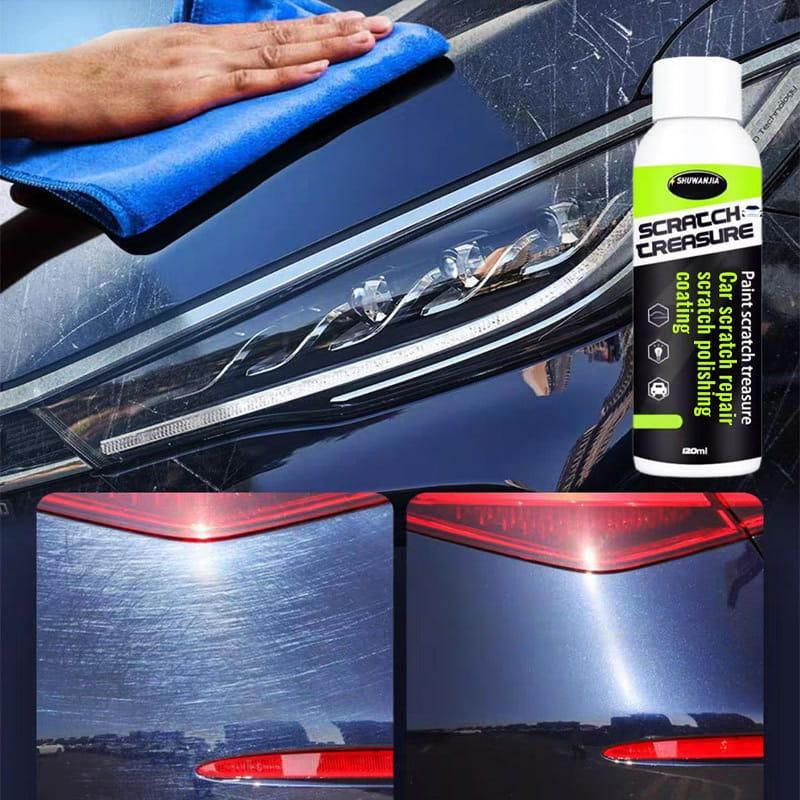 Car scratch remover 100ml bottle shown with hand using blue cloth to polish car headlight and before after scratch removal on car surface