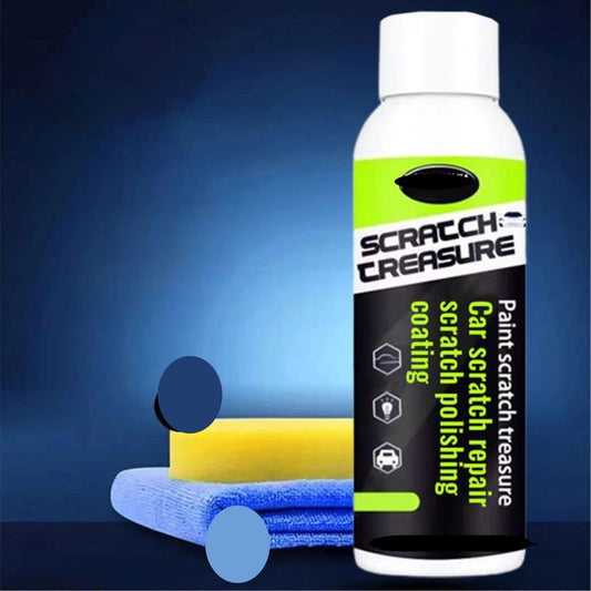 Car scratch remover 100ml bottle next to yellow sponge and blue microfiber cloth on blue background