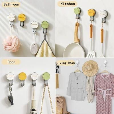 Suction wall hooks pack of 2 shown in various rooms holding kitchen utensils, clothing, and bathroom accessories